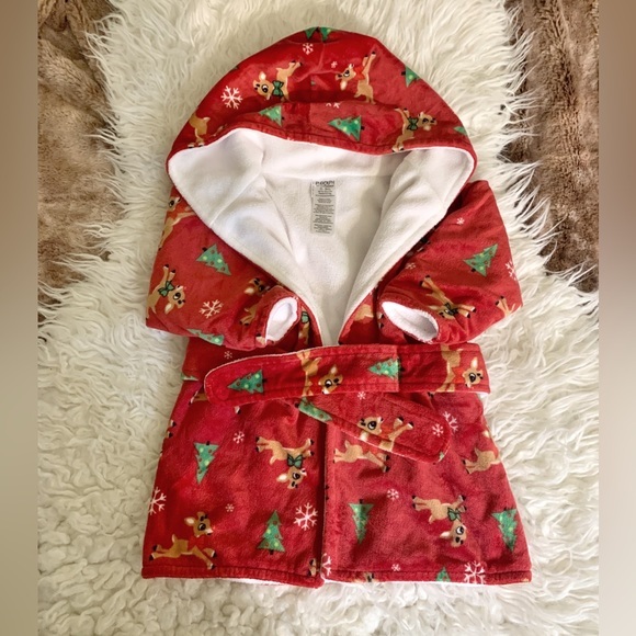 Rudolph the Red Nosed Reindeer Fleece Lined Soft Toddler Hooded Bathrobe 0-9M - Picture 1 of 6